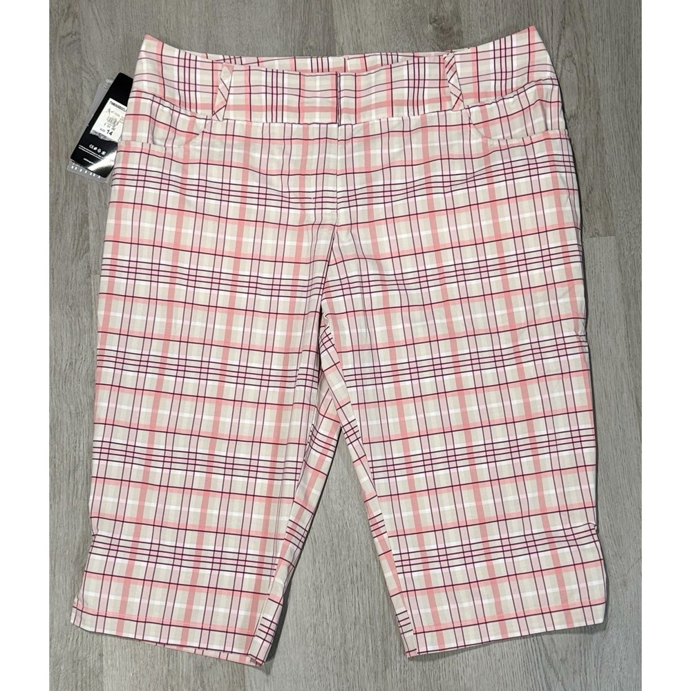 Adidas Pedal Pusher Bermuda Shorts Women's 14 Climalite Stretch Pink Plaid NWT - Picture 1 of 14